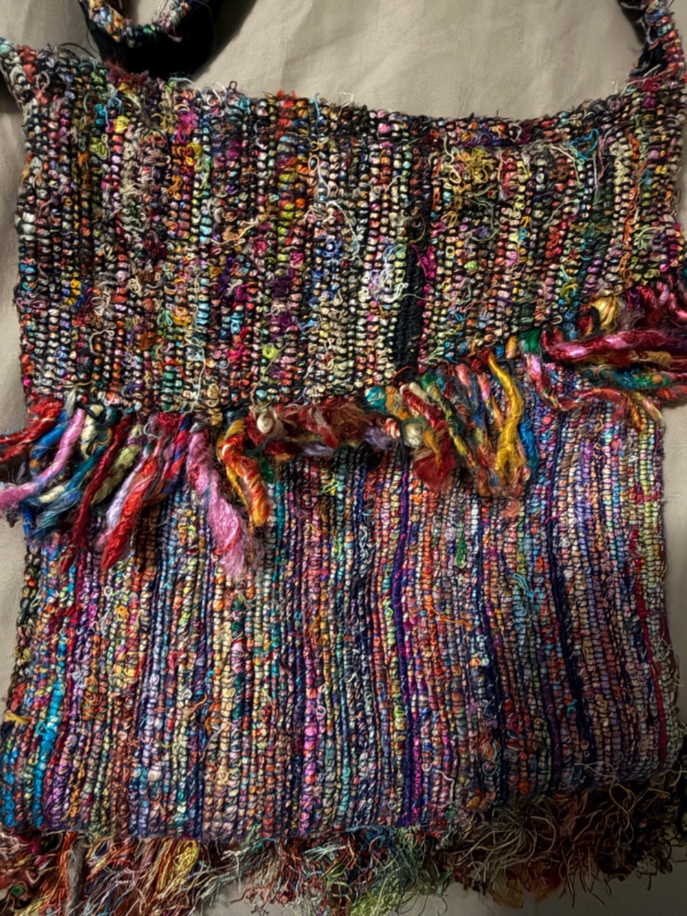 Handwoven Silk Multicolor Fringe Crossbody Bag made in Nepal - Picture 3 of 6